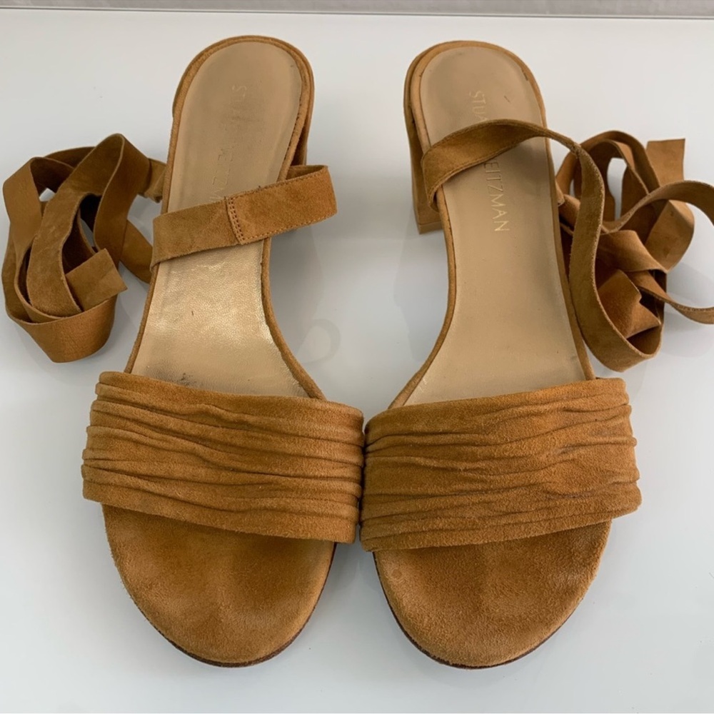 Stuart Weitzman Women's Camel Suede Ankle Wrap Swifty Heels Size 10